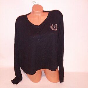Victoria Secret PINK Pajama Top Sleepwear Long Sleeve Crop Black Logo Cozy